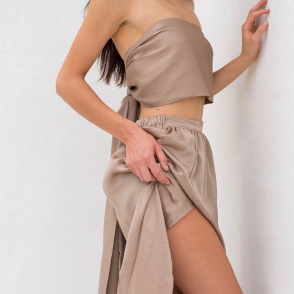 Gold scarf top and midi skirt set